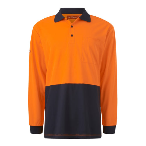 Hard Yakka Men's Core Long Sleeve Hi Vis Polo - Orange/Navy - Polos