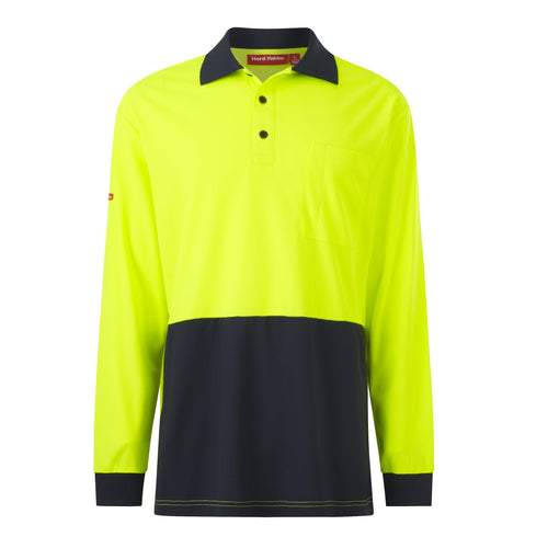 Hard Yakka Men's Core Long Sleeve Hi Vis Polo - Yellow/Navy - Polos