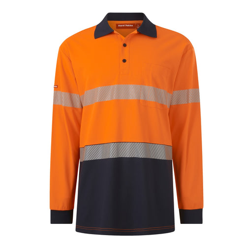 Hard Yakka Men's Core Long Sleeve Hi Vis Taped Polo - Orange/Navy - Polos