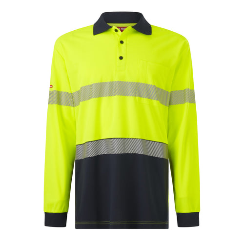 Hard Yakka Men's Core Long Sleeve Hi Vis Taped Polo - Yellow/Navy - Polos