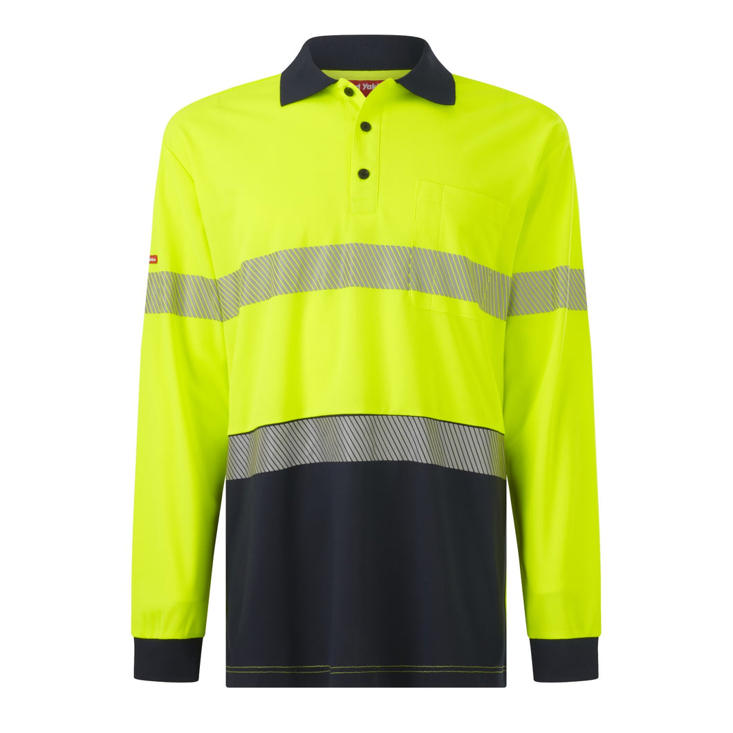 Hard Yakka Men's Core Long Sleeve Hi Vis Taped Polo - Yellow/Navy - Polos