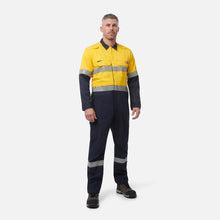 Load image into Gallery viewer, KingGee Men's Shieldtec Hi Vis 2 Tone Coverall with Flame Resistant Tape - Yellow/Navy
