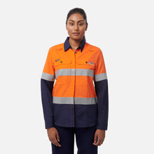 Load image into Gallery viewer, KingGee Women's Shieldtec Lenzing Flame Resistant Hi-Vis Spliced Long Sleeve Shirt Taped - Orange/Navy

