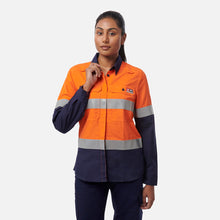 Load image into Gallery viewer, KingGee Women's Shieldtec Lenzing Flame Resistant Hi-Vis Spliced Long Sleeve Shirt Taped - Orange/Navy
