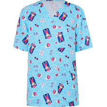 Load image into Gallery viewer, NNT Women&#39;s Polyester Print Santa Pool Party Scrub Top - Aqua Santa Print - Scrubs
