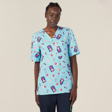 Load image into Gallery viewer, NNT Women&#39;s Polyester Print Santa Pool Party Scrub Top - Aqua Santa Print - Scrubs
