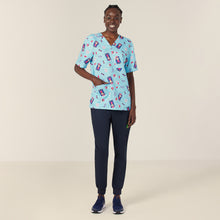 Load image into Gallery viewer, NNT Women&#39;s Polyester Print Santa Pool Party Scrub Top - Aqua Santa Print - Scrubs
