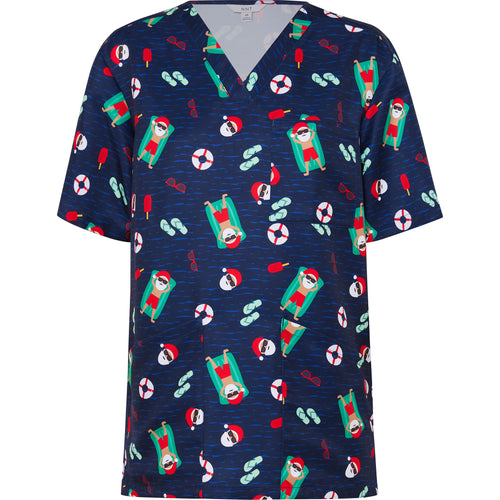 NNT Women's Polyester Print Santa Pool Party Scrub Top - Midnight Santa Print - Scrubs