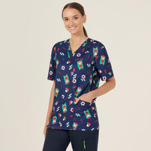 Load image into Gallery viewer, NNT Women&#39;s Polyester Print Santa Pool Party Scrub Top - Midnight Santa Print - Scrubs
