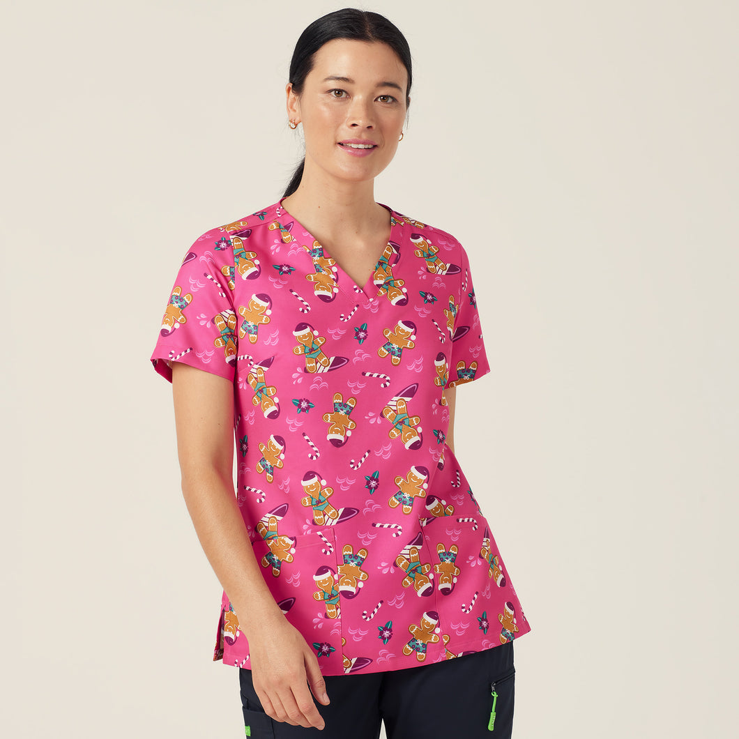 NNT Women's Xmas Print Scrub Top - HOT PINK - 