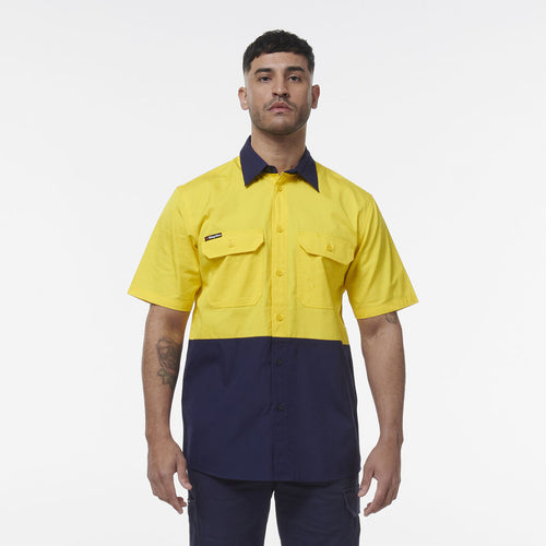 KingGee Men's Workcool Spliced Short Sleeve Shirt - Yellow/Navy - Shirts