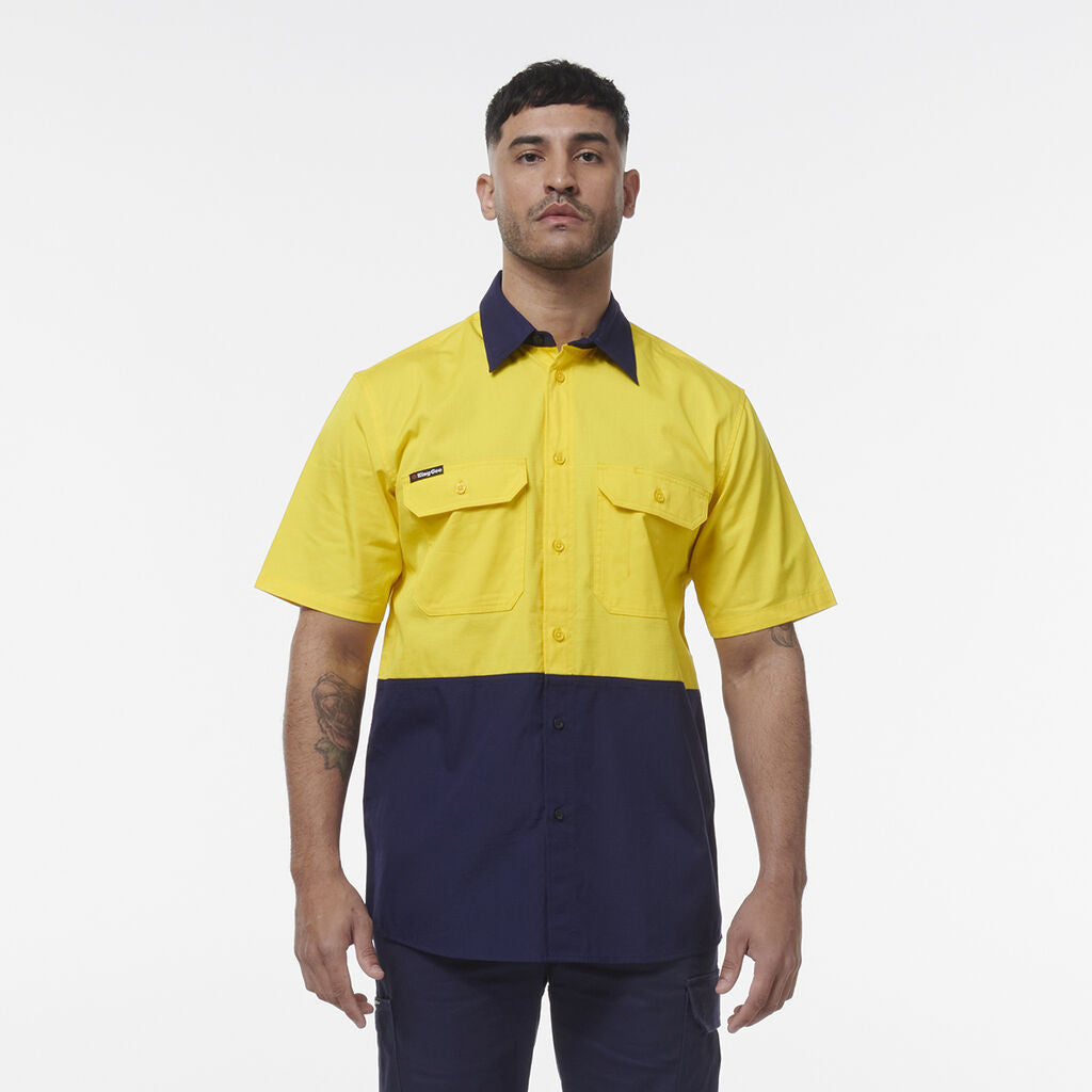 KingGee Men's Workcool Spliced Short Sleeve Shirt - Yellow/Navy - Shirts