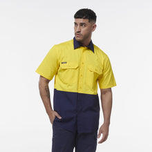 Load image into Gallery viewer, KingGee Men&#39;s Workcool Spliced Short Sleeve Shirt - Yellow/Navy - Shirts
