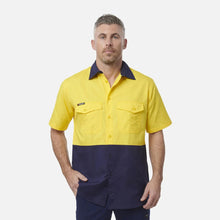 Load image into Gallery viewer, KingGee Men's Wc2 Hi-Vis Two Tone Short Sleeve Drill Work Shirt - Yellow/Navy
