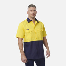 Load image into Gallery viewer, KingGee Men's Wc2 Hi-Vis Two Tone Short Sleeve Drill Work Shirt - Yellow/Navy
