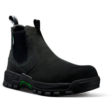 Load image into Gallery viewer, A black suede Chelsea-style ankle boot with a black elastic side panel, pull tabs, and a rugged black sole with a small green accent on the side, shown against a plain white background.
