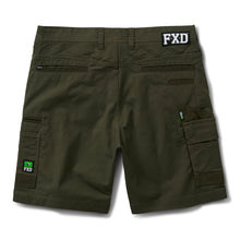 Load image into Gallery viewer, Olive green cargo shorts with multiple utility pockets and a white FXD logo patch on the back waistband, shown against a plain white background.
