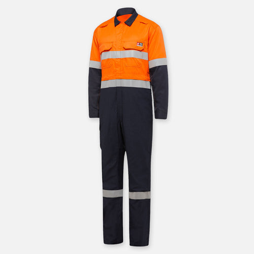 KingGee Men's Shieldtec Hi Vis 2 Tone Coverall with Flame Resistant Tape - Orange/Navy - Overalls