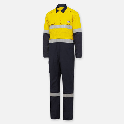 KingGee Men's Shieldtec Hi Vis 2 Tone Coverall with Flame Resistant Tape - Yellow/Navy - Overalls