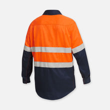 Load image into Gallery viewer, KingGee Men&#39;s Shieldtec Flame Resistant Hi Vis 2 Tone Open Front Long Sleeve Shirt with FR Tape - Orange/Navy - Shirts
