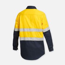 Load image into Gallery viewer, KingGee Men&#39;s Shieldtec Flame Resistant Hi Vis 2 Tone Open Front Long Sleeve Shirt with FR Tape - Yellow/Navy - Shirts
