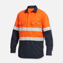 Load image into Gallery viewer, KingGee Men&#39;s Shieldtec Flame Resistant Hi Vis 2 Tone Closed Front Long Sleeve Shirt with FR Tape - Orange/Navy - Shirts
