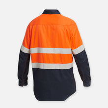 Load image into Gallery viewer, KingGee Men&#39;s Shieldtec Flame Resistant Hi Vis 2 Tone Closed Front Long Sleeve Shirt with FR Tape - Orange/Navy - Shirts
