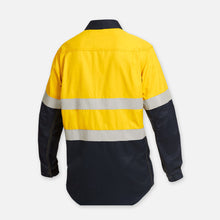 Load image into Gallery viewer, KingGee Men&#39;s Shieldtec Flame Resistant Hi Vis 2 Tone Closed Front Long Sleeve Shirt with FR Tape - Yellow/Navy - Shirts
