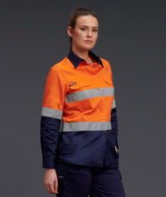 Load image into Gallery viewer, KingGee Women&#39;s Reflective Spliced Drill Long Sleeve Shirt - Orange/Navy - Shirts
