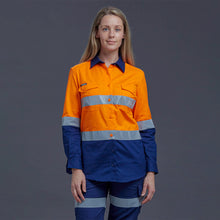 Load image into Gallery viewer, KingGee Women&#39;s Workcool 2 Hi Vis Reflective Spliced Long Sleeve Shirt - Orange/Navy - Shirts
