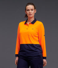 Load image into Gallery viewer, KingGee Women&#39;s Workcool Hyperfreeze Spliced Long Sleeve Polo - Orange/Navy - Polos
