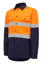 Load image into Gallery viewer, Hard Yakka Men&#39;s Foundations Hi Vis 2 Tone Cotton Drill Long Sleeve Shirt with Tape - Orange/Navy - Shirts
