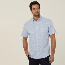 Load image into Gallery viewer, NNT Men&#39;s Avignon Fine Block Stripe Stretch Short Sleeve Shirt - Light Blue/White - Shirts
