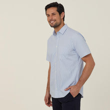 Load image into Gallery viewer, NNT Men&#39;s Avignon Fine Block Stripe Stretch Short Sleeve Shirt - Light Blue/White - Shirts
