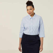 Load image into Gallery viewer, NNT Women's Avignon Fine Block Stripe Stretch 3/4 Sleeve Shirt - Light Blue/White - Shirts
